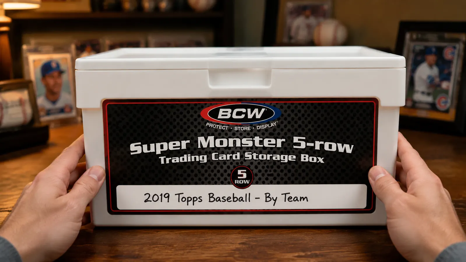 Label maker tape applied to the front of a BCW storage box reading 2019 Topps Baseball by Team