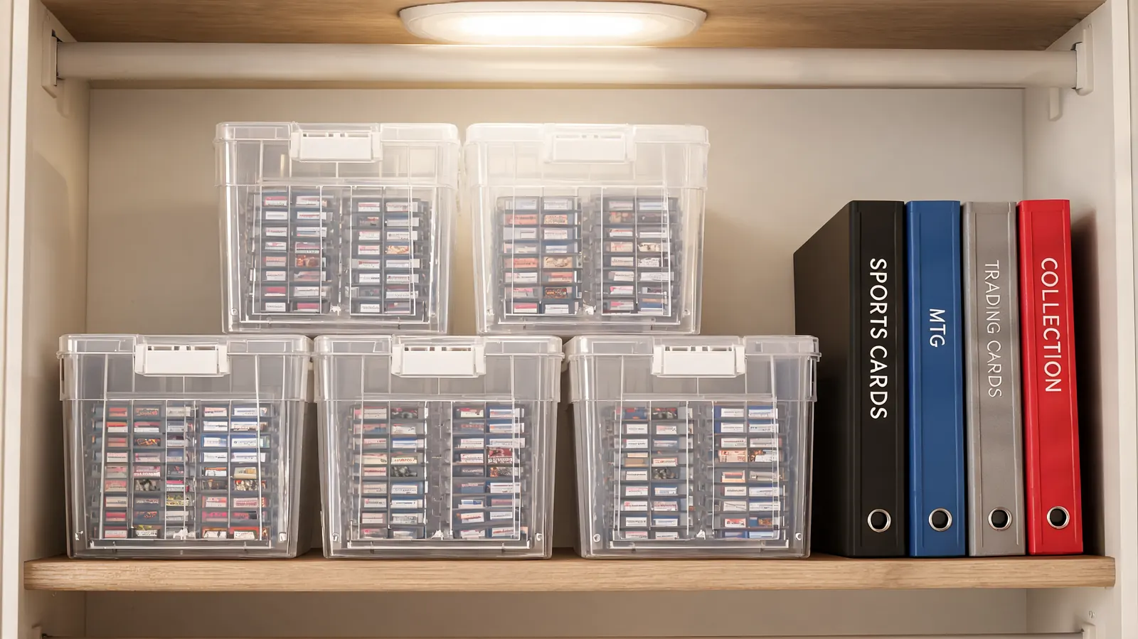 Five BCW Super Monster boxes stacked in a closet next to binders on a shelf
