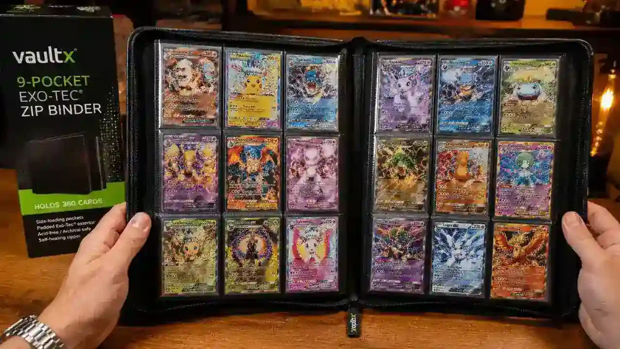 Full art Pokemon cards including a Charizard and a Pikachu VMAX displayed in 9-pocket binder pages