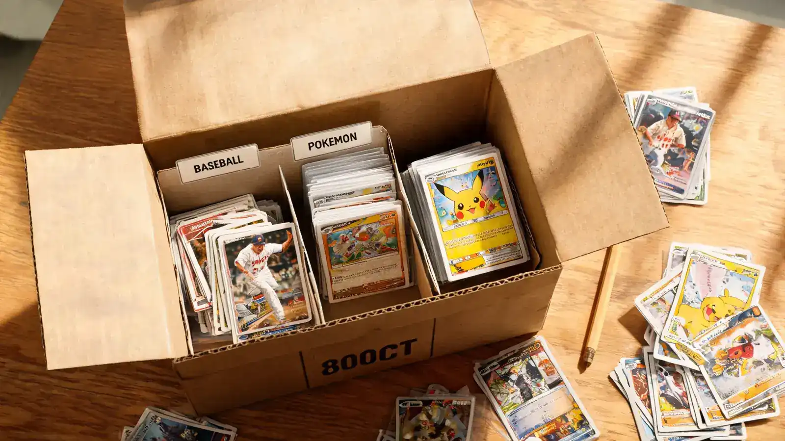 Single generic cardboard 800ct storage box sitting open on a desk during a sorting project, cards partially inside