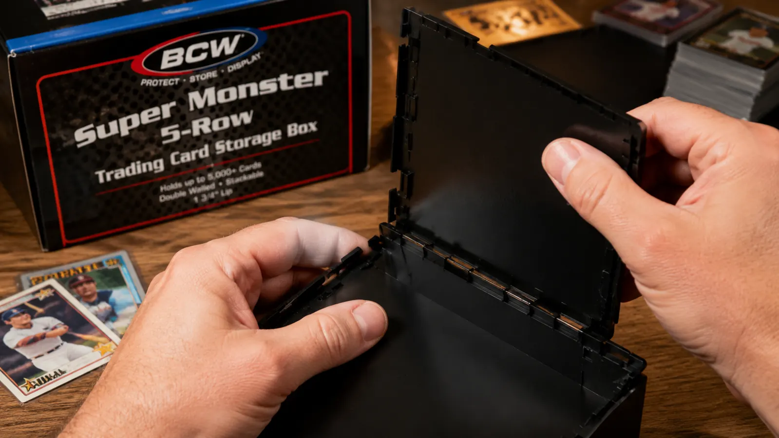 Hands assembling a BCW Super Monster box, pressing the tab locks into place on a wooden table with trading cards nearby