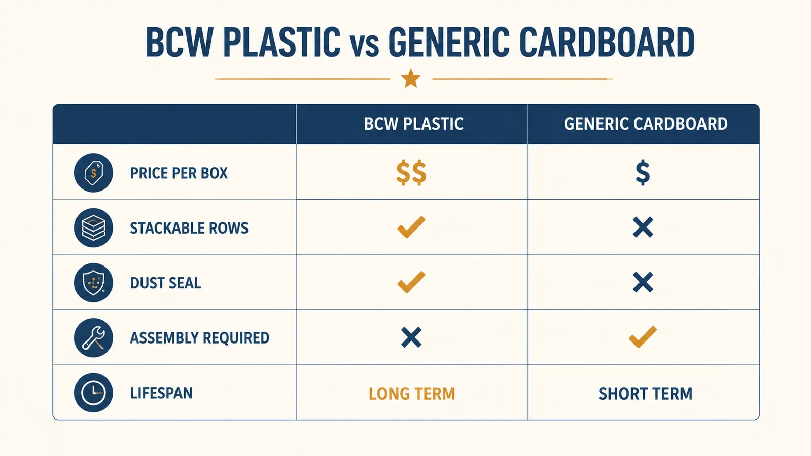 Side-by-side comparison chart showing BCW Super Monster box versus generic cardboard 3200-count box across price, durability, stackability, and dust protection