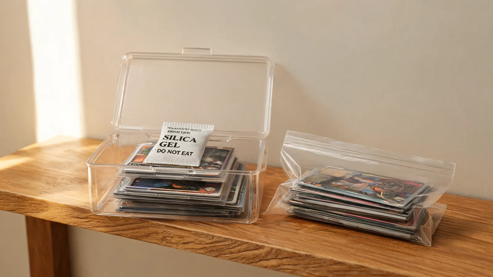 A BCW Super Monster box sitting open on a shelf next to a silica gel packet and a resealable plastic bag of cards, showing long-term storage setup