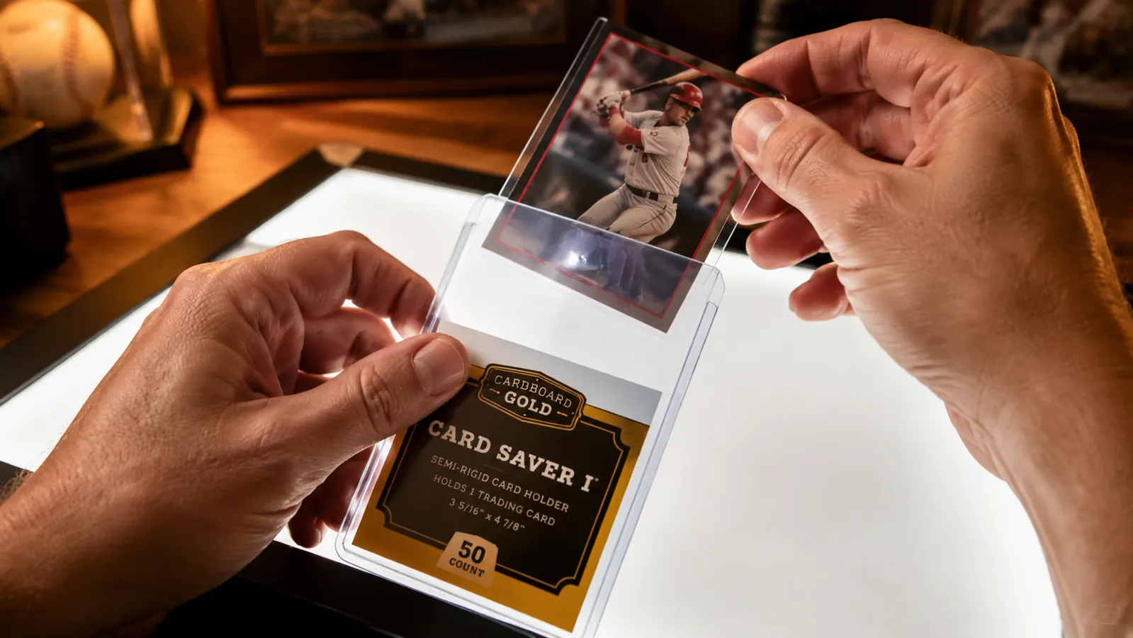 Hand sliding a trading card into a Card Saver 1 semi-rigid holder over a light pad, card centered and undamaged
