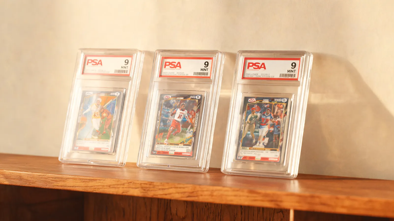 PSA graded slabs of three baseball cards labeled PSA 9 Mint sitting on a display shelf