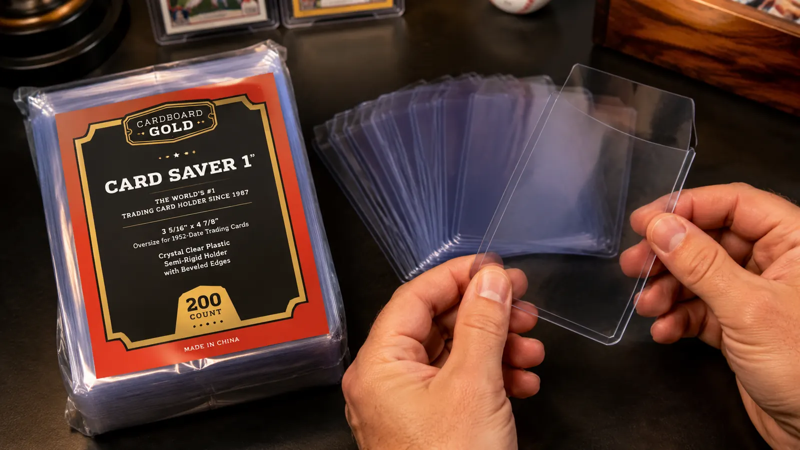 Card Saver 1 holders fanned out showing the flexible semi-rigid material and open top design