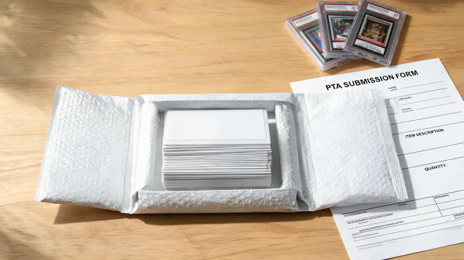 PSA submission envelope with Card Saver 1 holders stacked neatly inside a padded mailer
