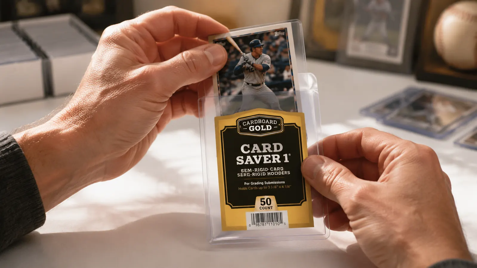 Hand carefully sliding a baseball card into a Card Saver 1 semi-rigid holder