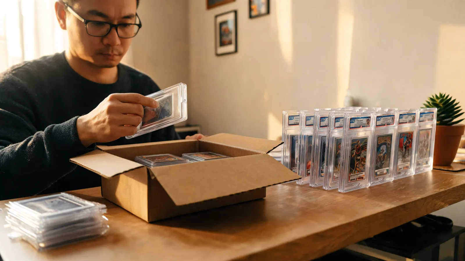 Collector storing used Card Saver 1 holders in a box after receiving graded slabs back from PSA
