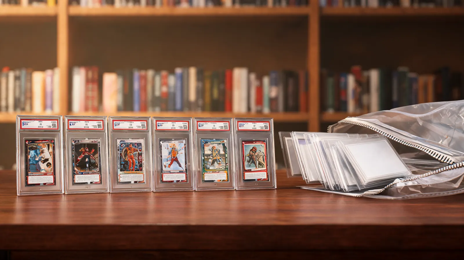 Stack of graded PSA slabs on a shelf next to a pack of Card Saver 1 holders ready for the next submission