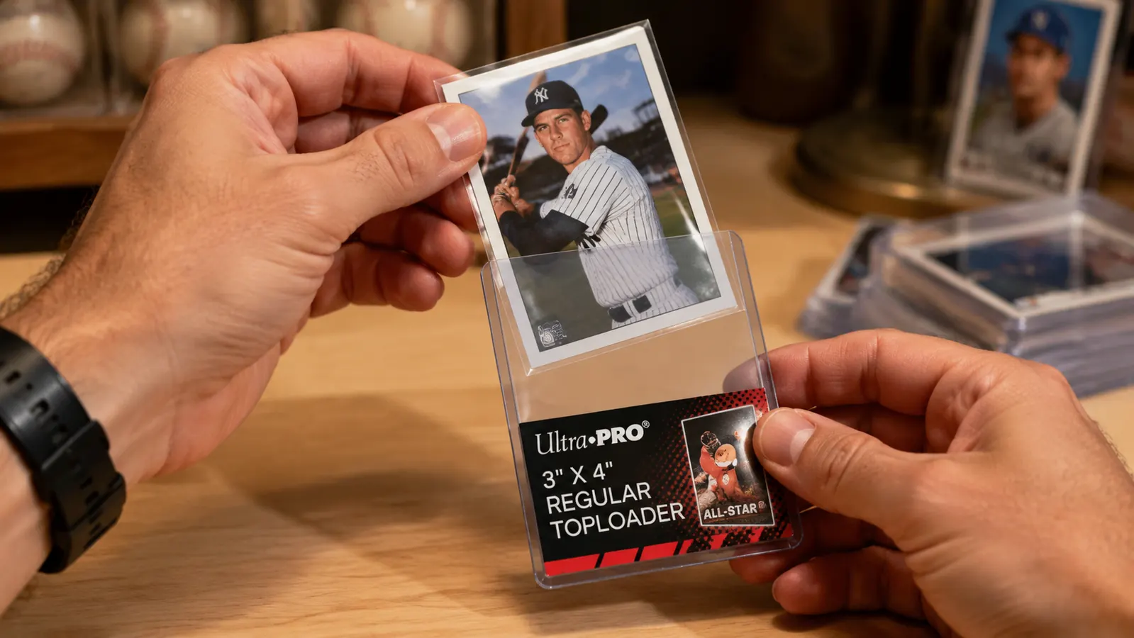 Hand sliding a baseball card in a penny sleeve into a clear Ultra Pro top loader