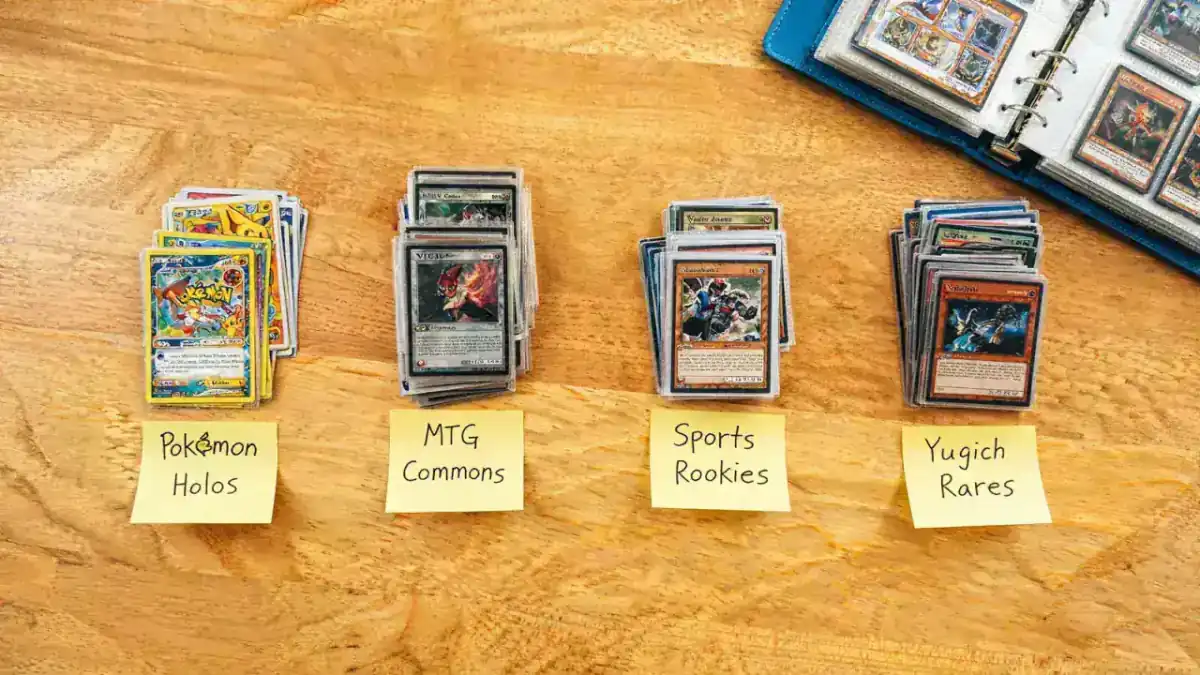 Stacks of trading cards pre-sorted into labeled piles on a table before being loaded into a binder
