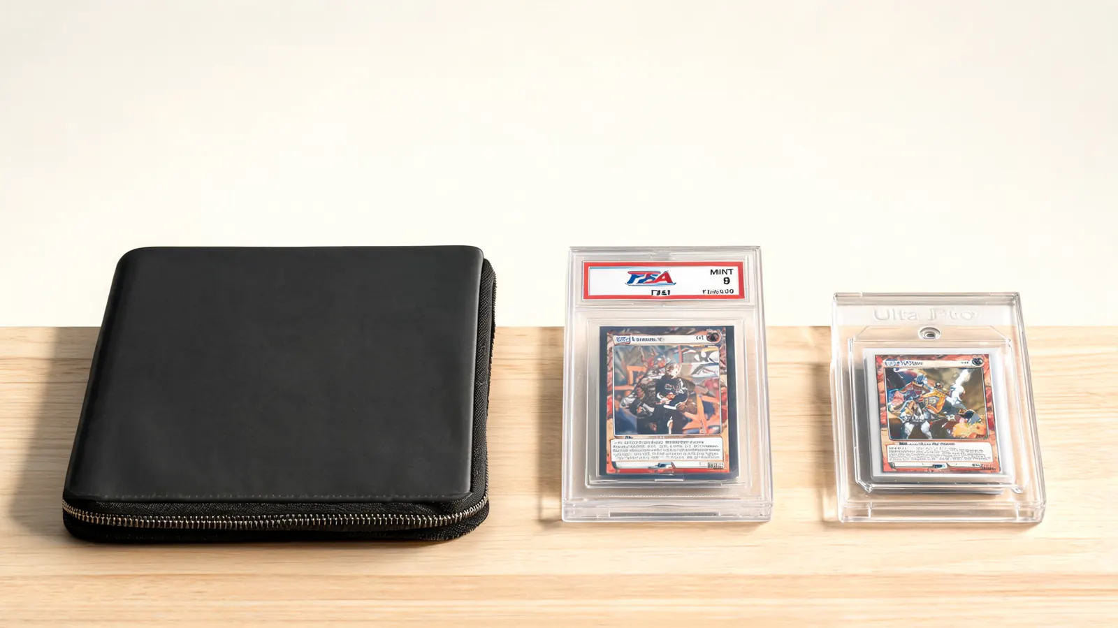 Graded PSA card slab and a magnetic one-touch holder sitting beside a closed binder, illustrating cards that should not go into a binder