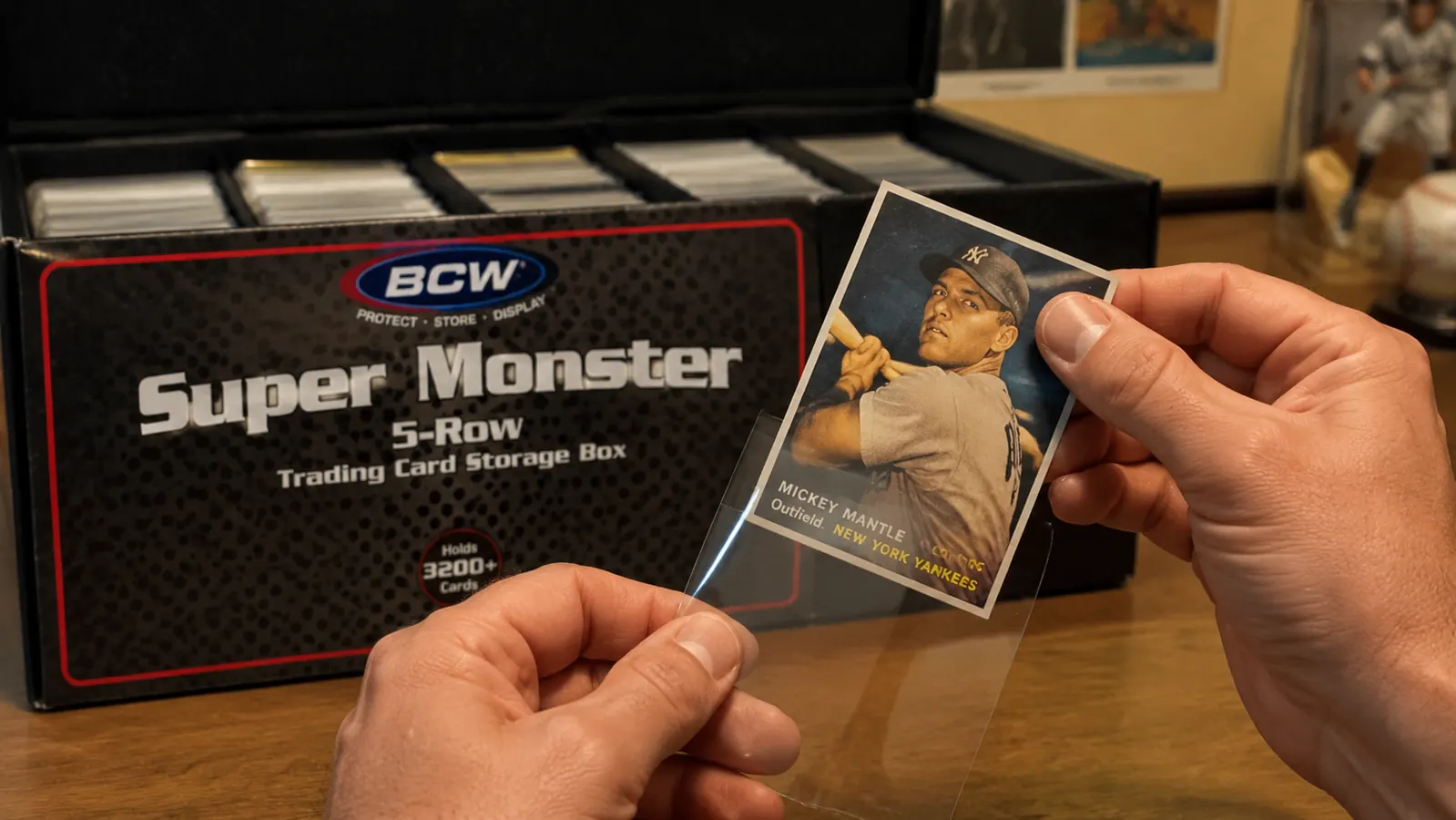 Hands sliding a baseball card into a penny sleeve before placing it in a top loader