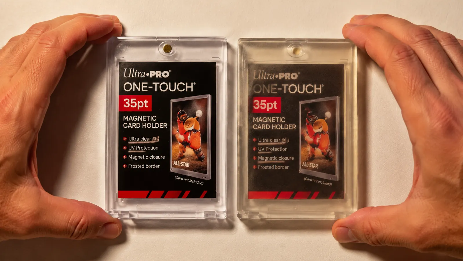 Close-up of an authentic Ultra Pro One Touch holder next to a generic knockoff showing the difference in plastic clarity