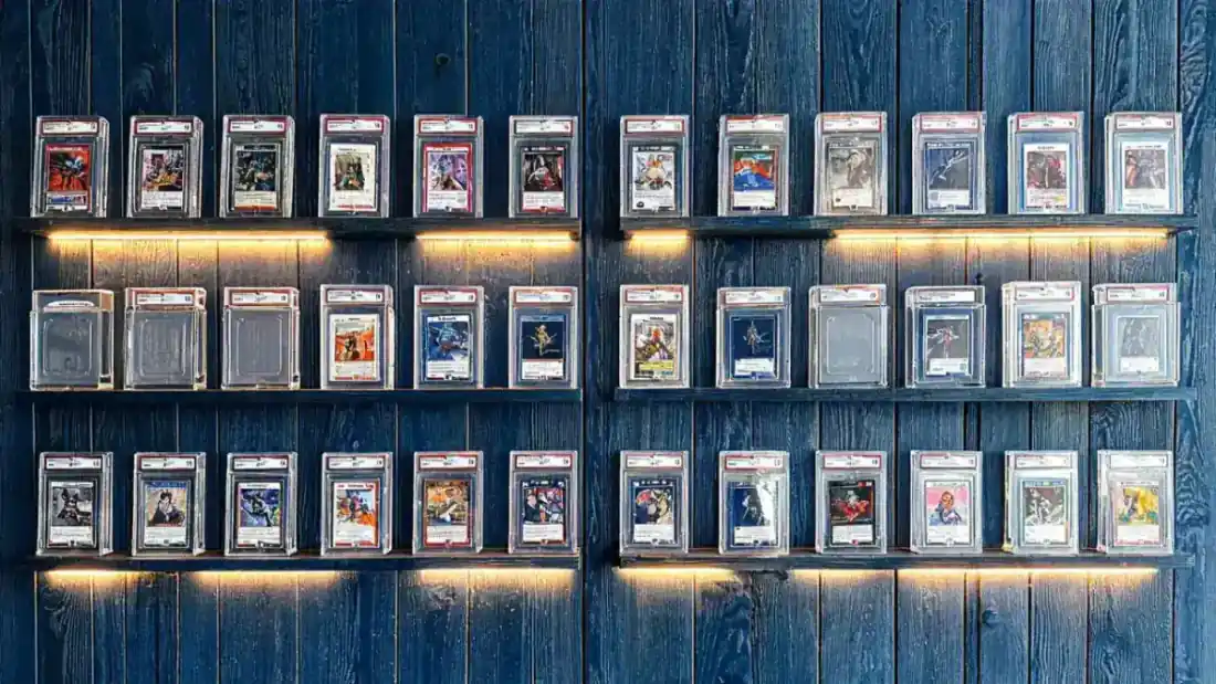A collector's display shelf featuring graded slabs and Ultra Pro One Touch holders in navy-painted shadow boxes