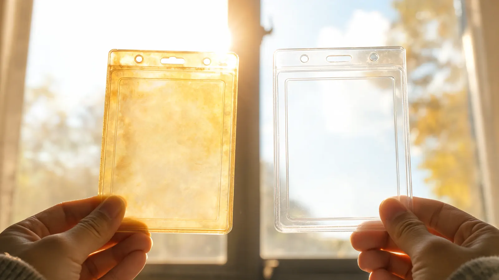 Two top loaders held up to a window showing visible yellowing and haze on the older one compared to a new clear one