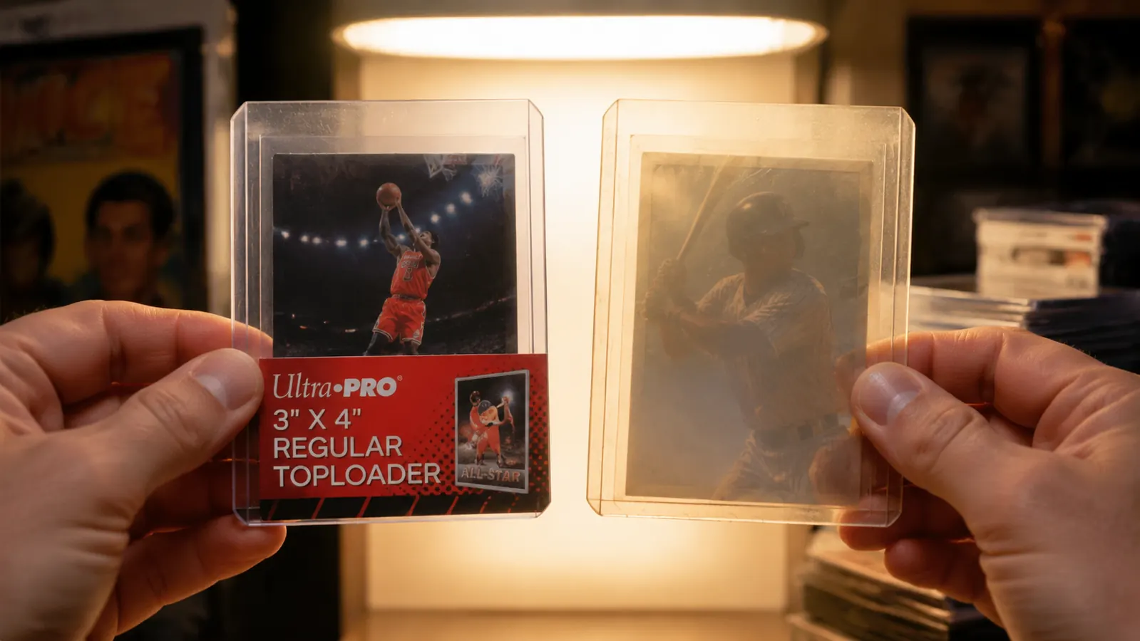Side-by-side comparison of a clear Ultra Pro top loader versus a yellowed off-brand top loader showing the clarity difference