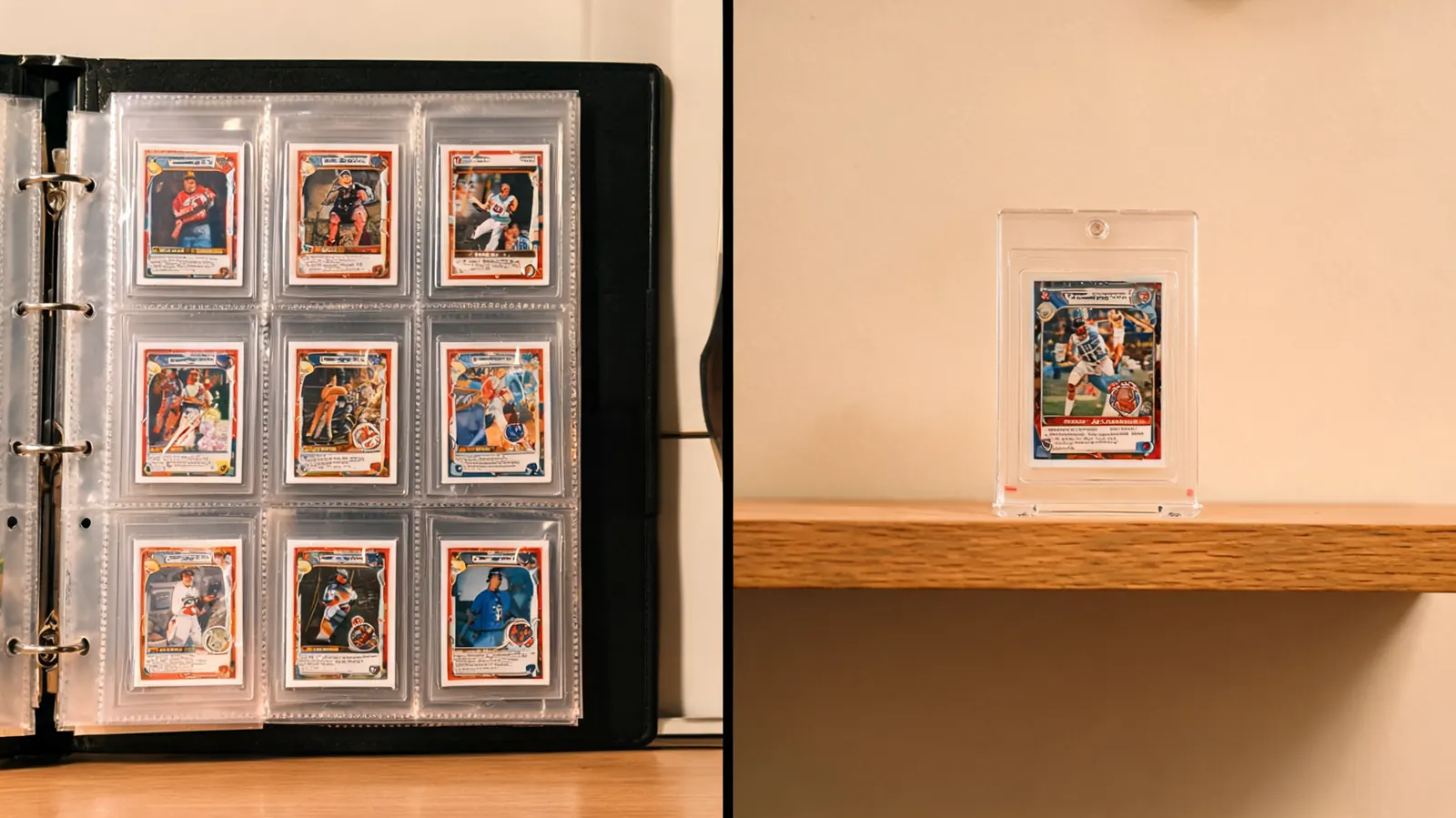 A binder page filled with penny-sleeved commons versus a single top-loaded rookie card displayed upright on a shelf