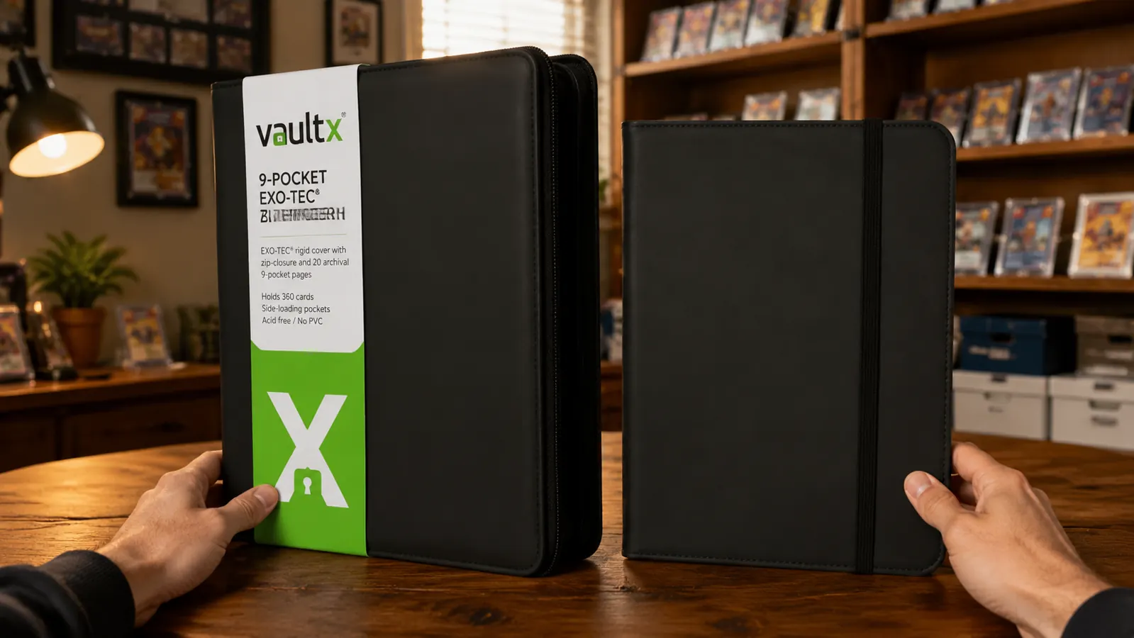Vault X binder zip closure pulled shut next to an Ultra Pro Pro-Binder with elastic band closure, both shown on a collector shelf