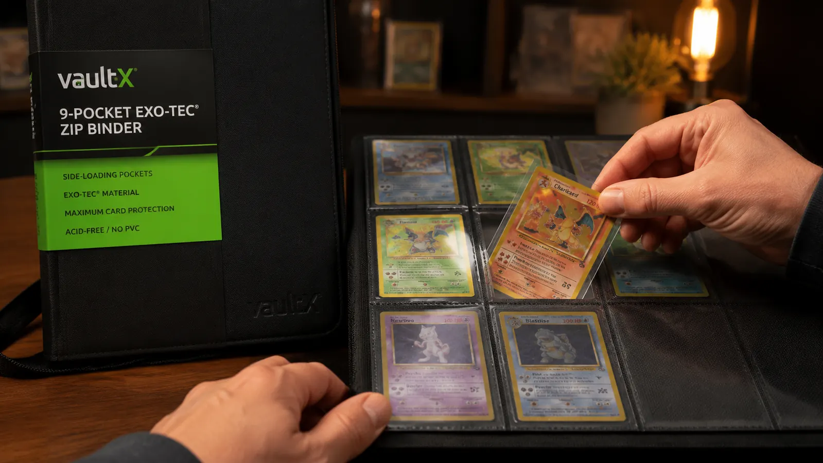 Hand pulling a Pokemon card from a side-loading 9-pocket page in the Vault X binder