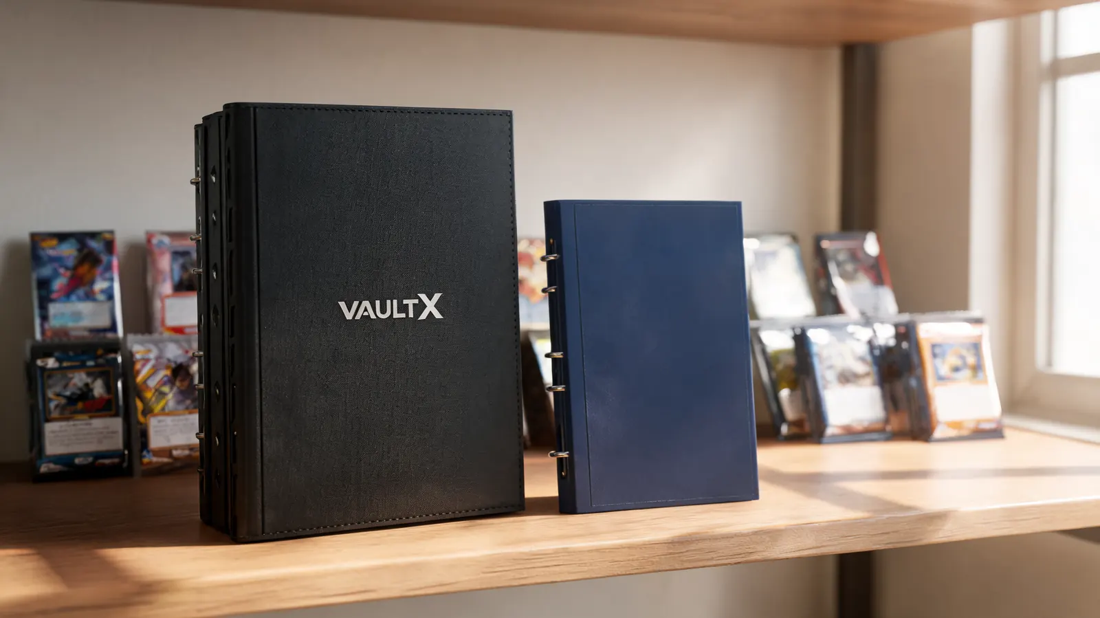 Stack of Vault X binders next to a price tag and a basic card binder, illustrating the cost comparison